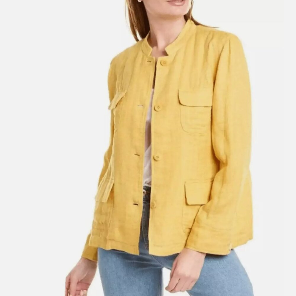 Eileen Fisher Medium M Mustard Yellow 100% Organic Linen Button‎ Front Jacket